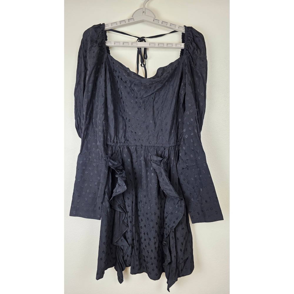 WAYF‎ Mini Dress Womens Size S Black Jacquard Ruffle Square Neck Puff Sleeve